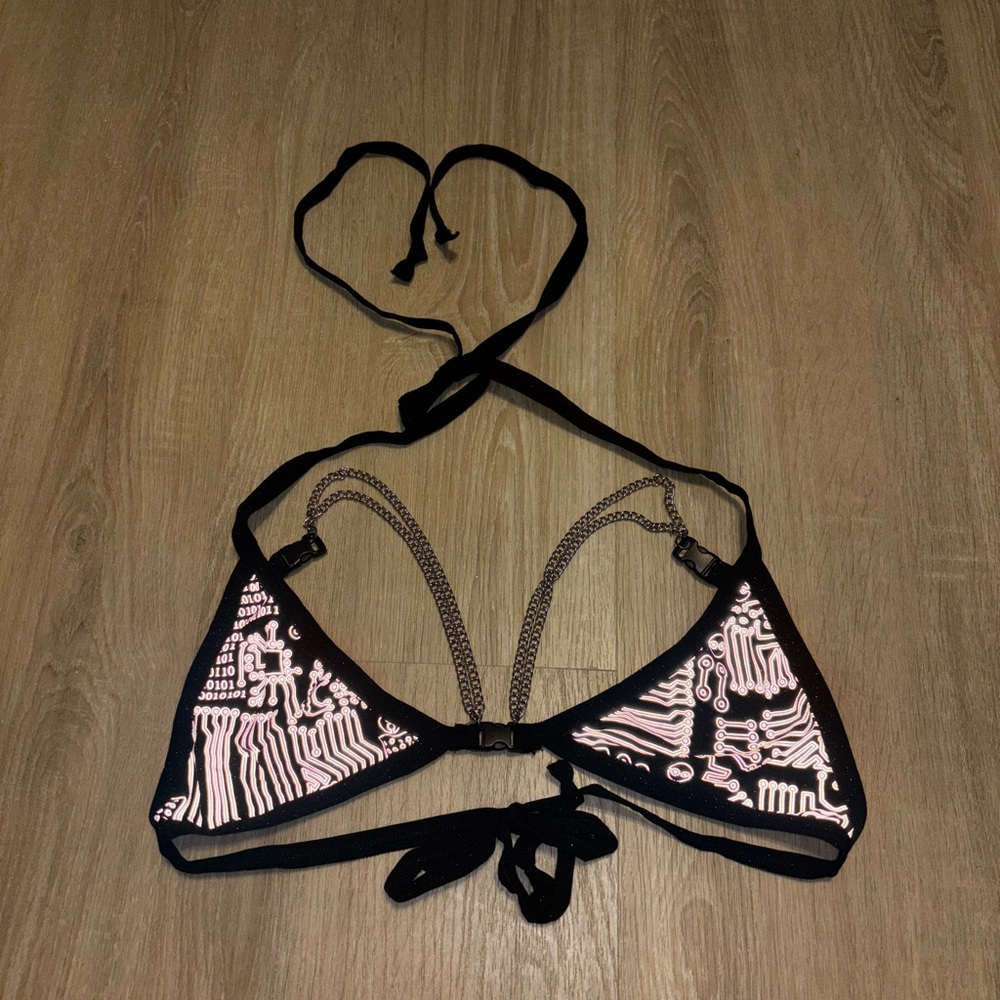 L/XL Reflective Encryptive Motherboard Pattern Bra w/Chains and Buckle Top - Picture 3 of 5